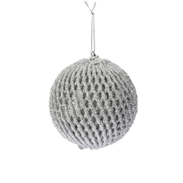 Xmas Ball With Glitter Net Design. Polyfoam  8Cm. Silver