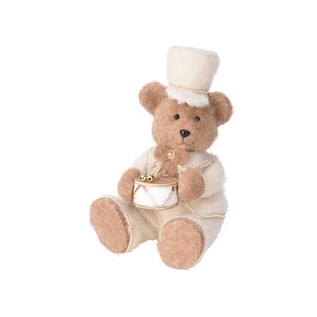 Bear Figure, Polyfoam And Polyester 16.5X21.5X41Cm, Brown Bear Holding A Drum With Sticks In A White Outfit, Sitting