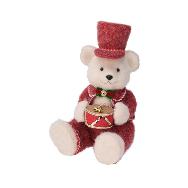 Bear Figure, Polyfoam And Polyester 16.5X21.5X41Cm, White Bear Holding A Drum With Sticks In A Red Outfit, Sitting