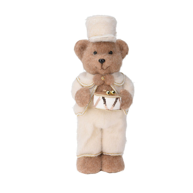 Bear Figure, Polyfoam And Polyester 16.5X21.5X41Cm, Brown Bear Holding A Drum With Sticks In A White Outfit, Standing