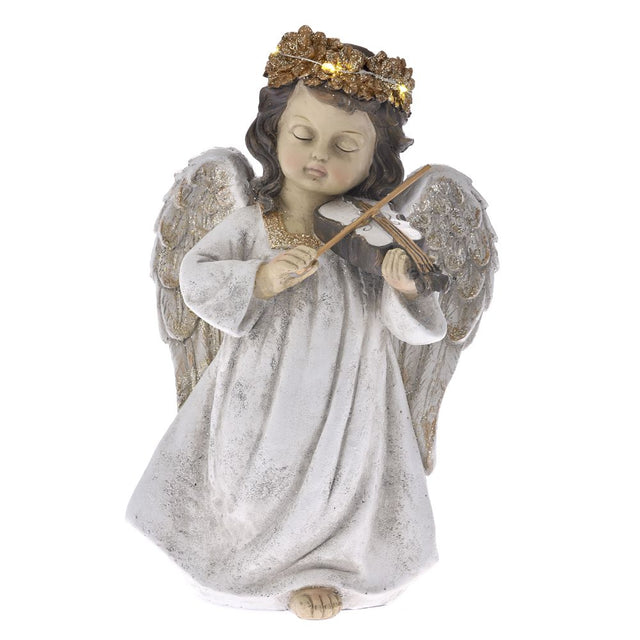 Cream Gold Polyresin Illuminated Angel With Violin 20x15x32cm