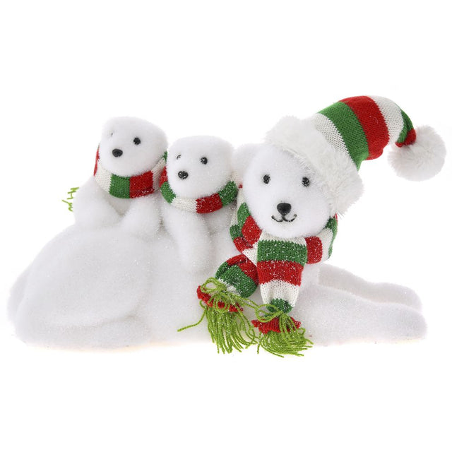 Polar Bear With Babies Wearing Multi Color Hat And Scarf 32X21X20Cm