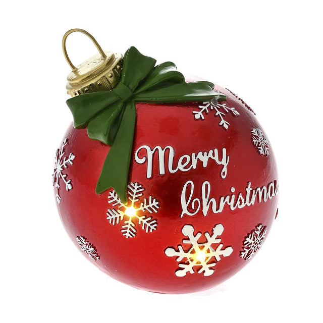 Red Polyresin Patterned Ball With Battery Light 12X12X13Cm Merry Christmas