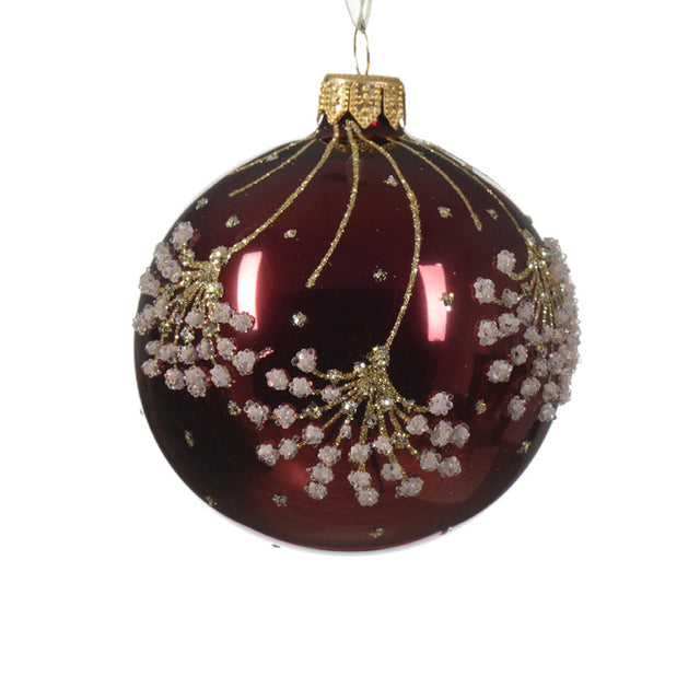 Glass Bauble With White Flowers 8Cm - Oxblood