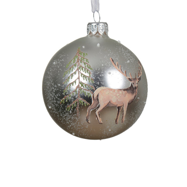 Glass Bauble Silver 8Cm - Reindeer