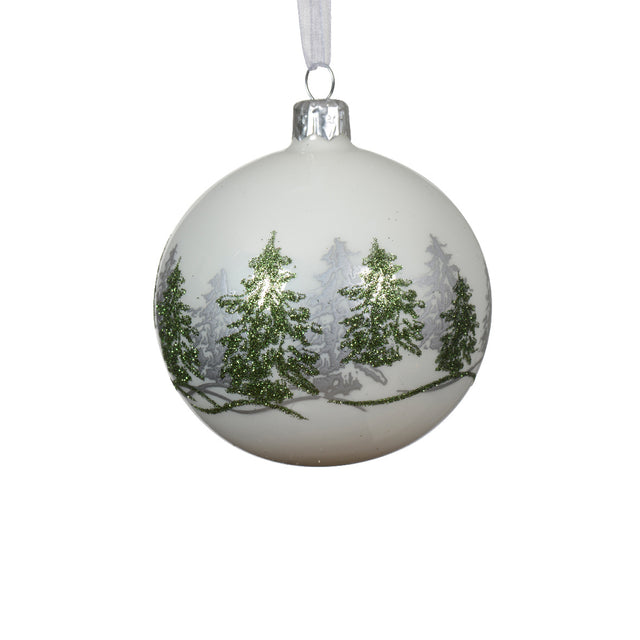 Glass Bauble With Green Trees 8Cm - White