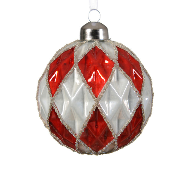 Glass Bauble 8cm - Red With Triangle On Top & Bottom