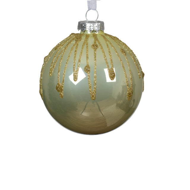 Glass Bauble Champagne With Glitter Drips 8Cm