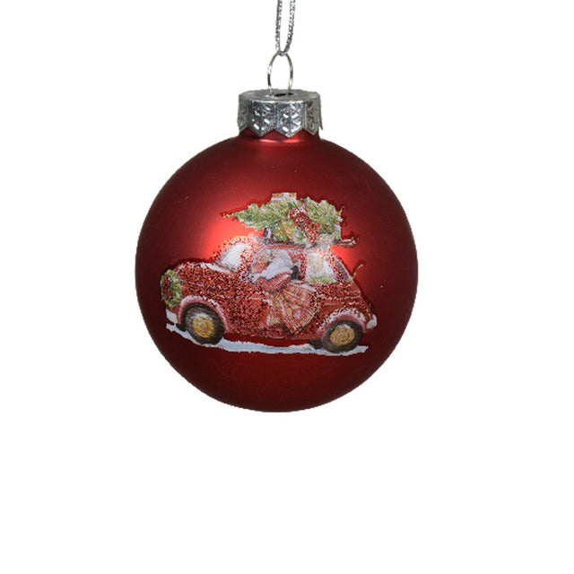 Glass Bauble With Car 6Cm - Red