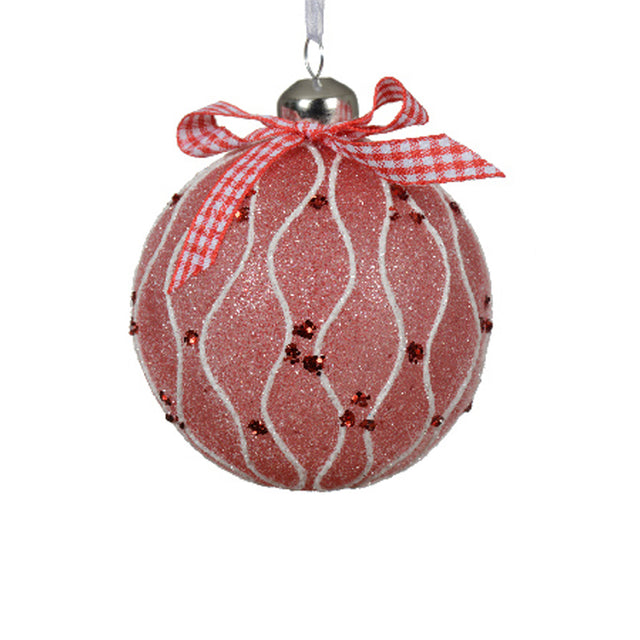 Glass Bauble 8Cm Pink With White Lines