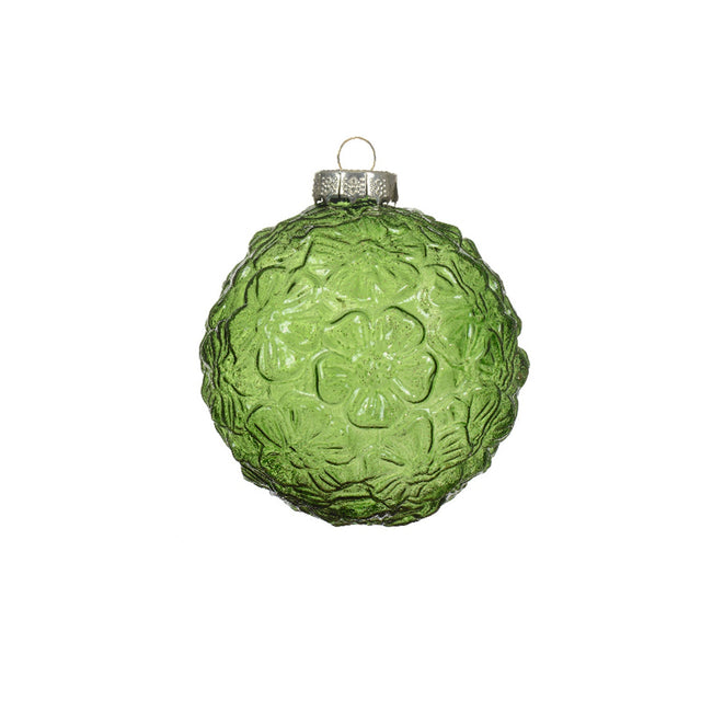 Glass Bauble With Flower Pattern 8Cm - Green