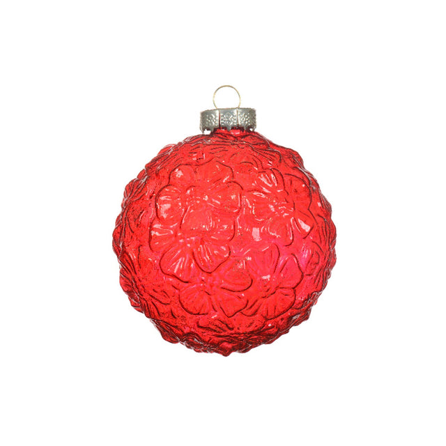 Glass Bauble With Flower Pattern 8Cm - Red