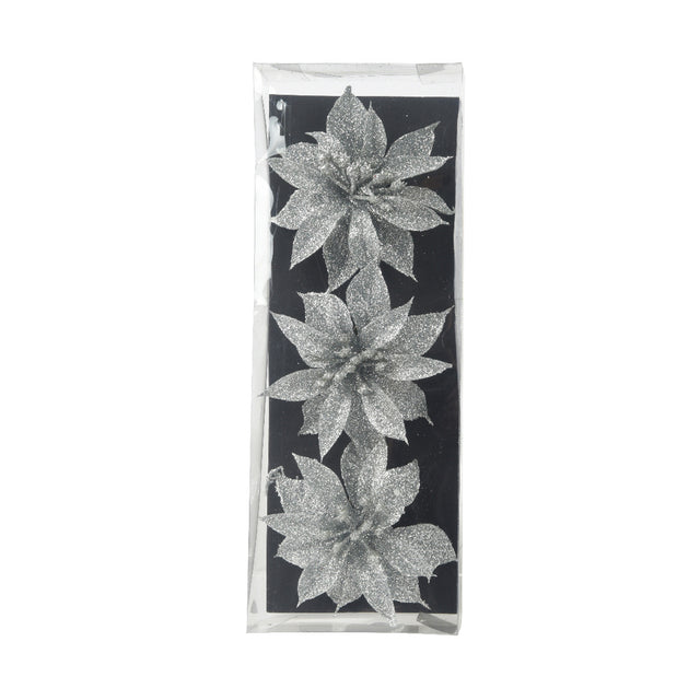 Poinsettia On Clip Set Of 3 - Silver 9Cm