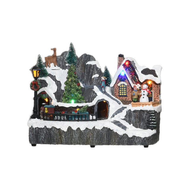 Led Scenery - Mountain Scene With House With Boy & Snowman 15.5X23X16.5Cm