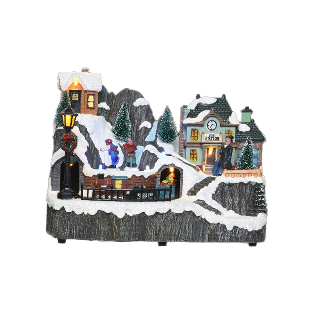 Led Scenery - Mountain Scene With House With Kids Skating 15.5X23X16.5Cm