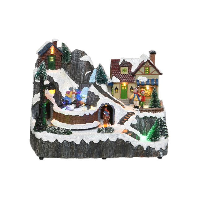 Led Scenery - Mountain Scene With Kids Playing 15.5X23X16.5Cm