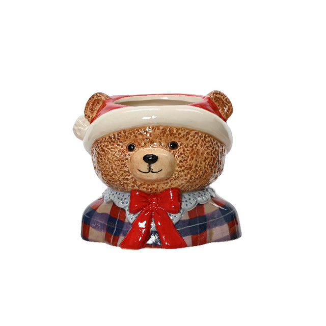 Planter Dolomite Bear 13.8X11.7X12.3Cm - Red Bow