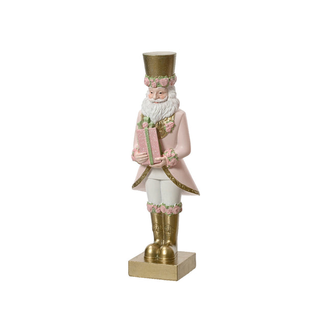 Polyresin Nutcracker With Present 10X10.8X30Cm - Pink, White & Gold