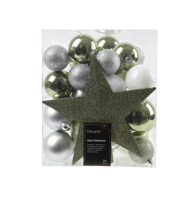 Bauble Set With Star Tree Topper Set Of 33 8Cm, Green & Silver