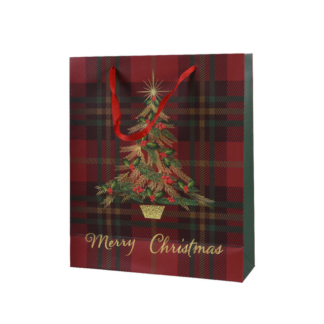 Paper Giftbag Tartan With Tree 8X18X24Cm