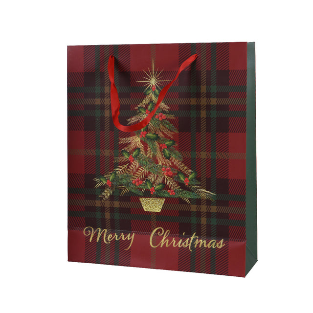 Paper Giftbag Tartan With Tree 10X26X32Cm