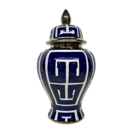 Ginger jar navy & white with Greek pattern accents 21x39cm