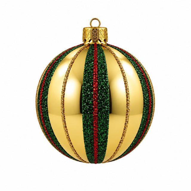 Xmas Ball Glass 80mm Gold With Green Stripe