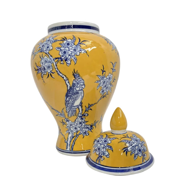 Yellow Ginger Jar - Blue Floral And Bird Pattern 18x18x35cm