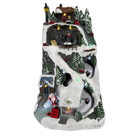Christmas scene village on mountain with LED and movement 19.6x17.7x30.1cm