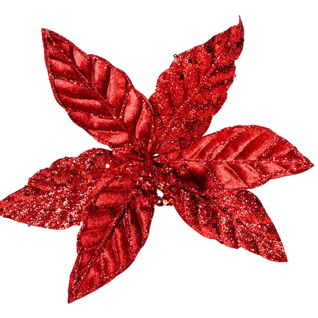 Velvet Poinsettia On Clip 24X17Cm - Red