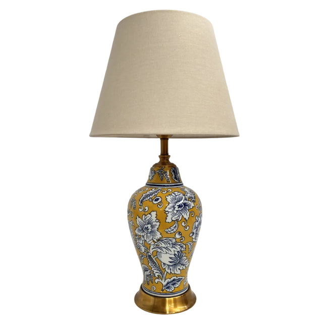 Yellow Ginger Jar Lamp - Floral Design Gold Base