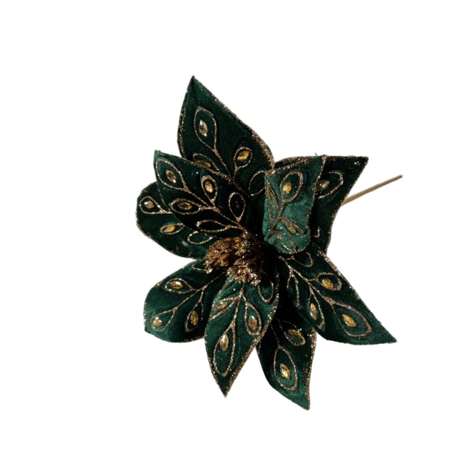 Emerald velvet poinsettia with diamonds stem 60cm