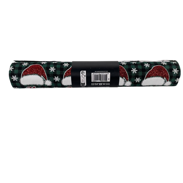 Decoration Fabric, Runner Green Base With Red Hats, 28X200Cm