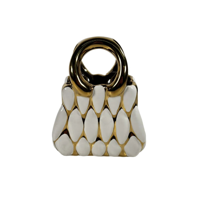 Ceramic handbag vase white & gold 14x18cm