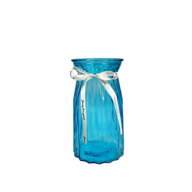 Blue Ribbed Glass Vase 20cm
