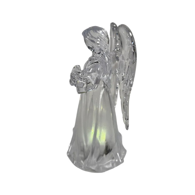 Angel, acrylic, LED colour changing 6x5.5x11cm with heart - clear wings