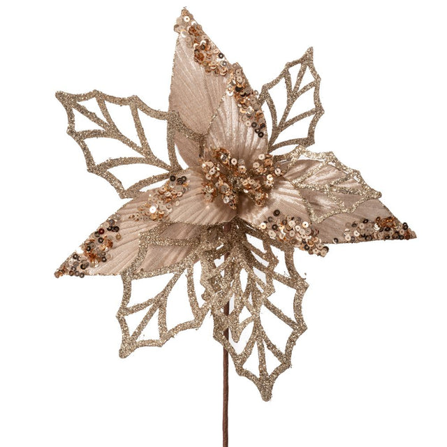 Xmas champagne with glitter poinsettia branch 26x45cm