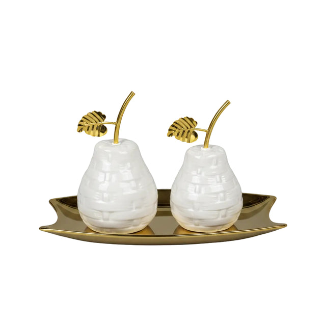 Ceramic pears set/2 white with gold leaves 15cm
