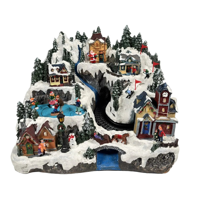 LED scenery with church & kids skating with train 40.5x28.5x31cm
