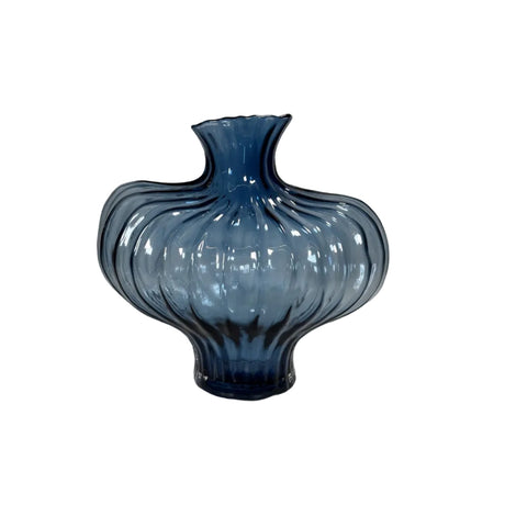 Round ribbed blue bottle vase 7x28cm