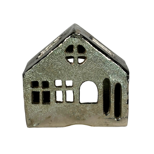 House,  Tealight Holder, Aluminium,  House With Chimney 9.2X5X8.7Cm, In Nickel Colour