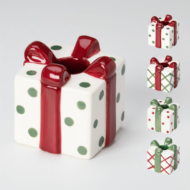 Candle holder Giftbox shape 6.5x6.5x6cm - green with red stripes