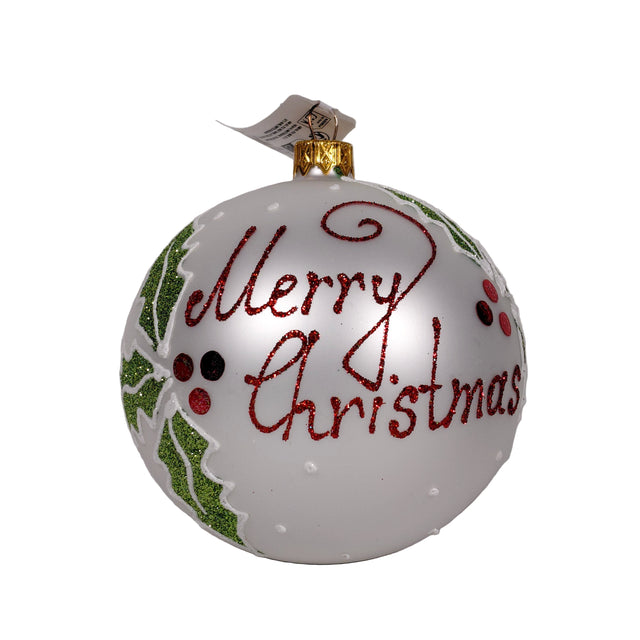 Xmas ball glass 10cm - White Merry Christmas