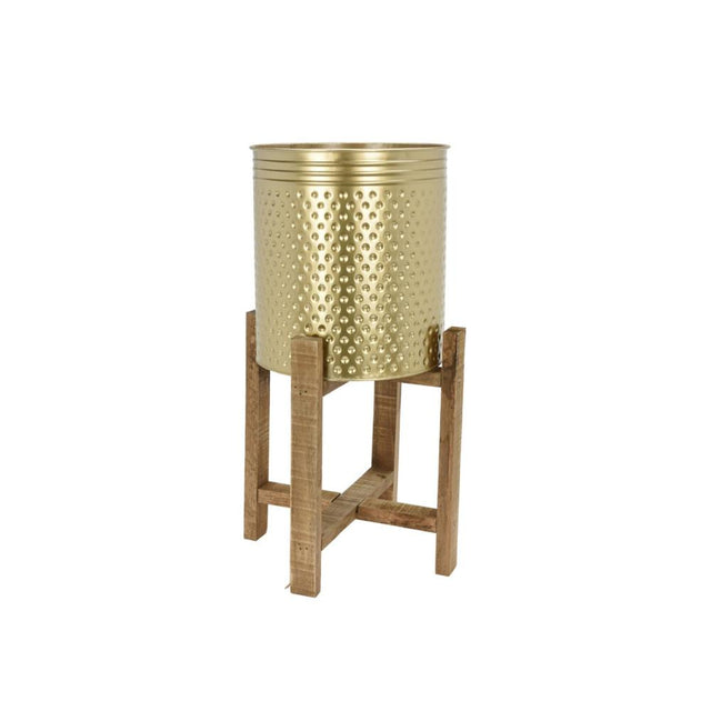 Planter Steel With Wooden  Under Carriage. Color Gold 29X29X50Cm