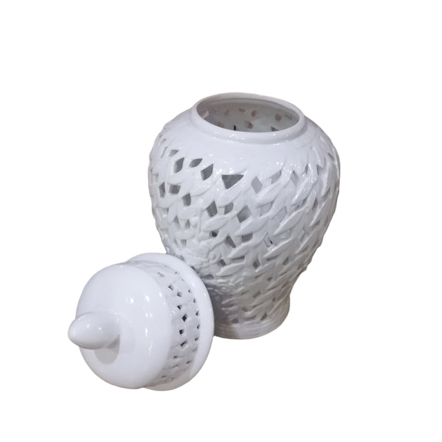 Large white Flower and Leaf Cutout Ginger Jar