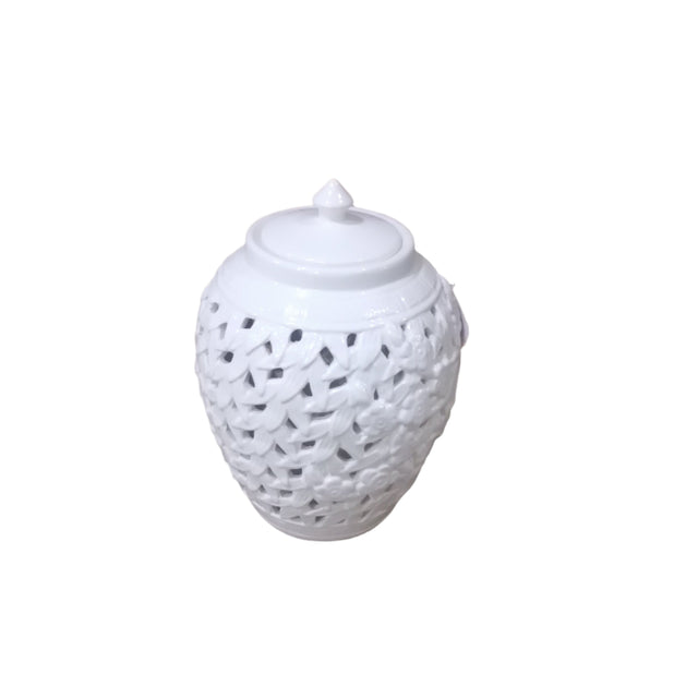 White Flower and leaf Cutout Jar with Lid
