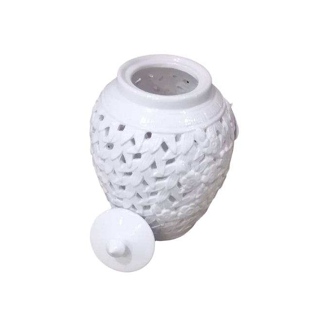 White Flower and leaf Cutout Jar with Lid