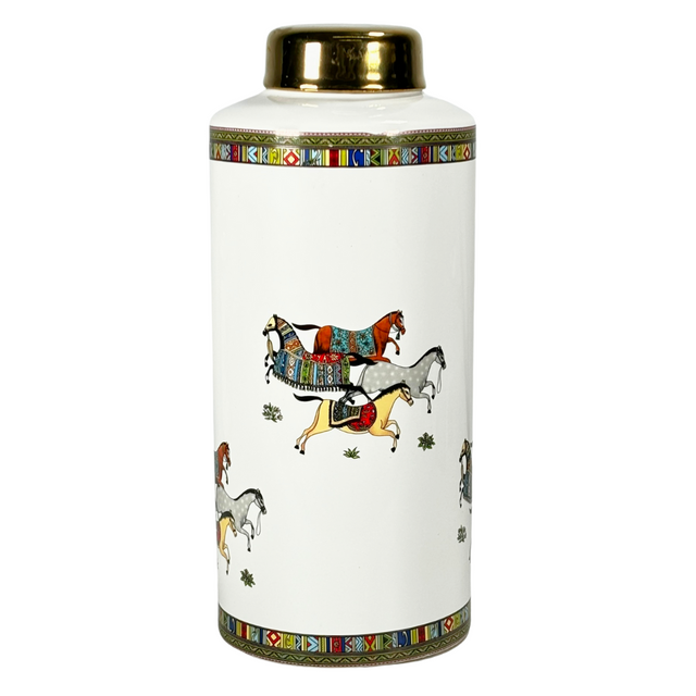 Ginger Jar White With Horse Design 13X32Cm