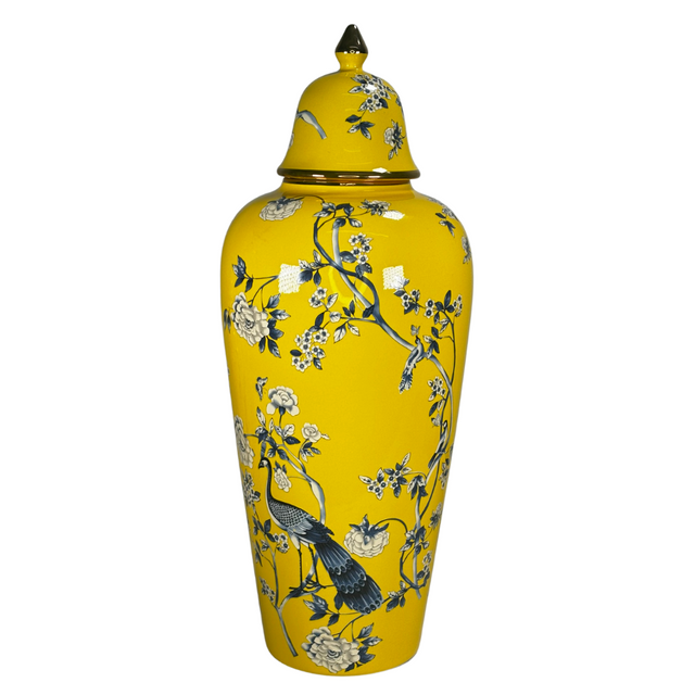 Ginger Jar Yellow With Peacock & Flowers 18X47Cm