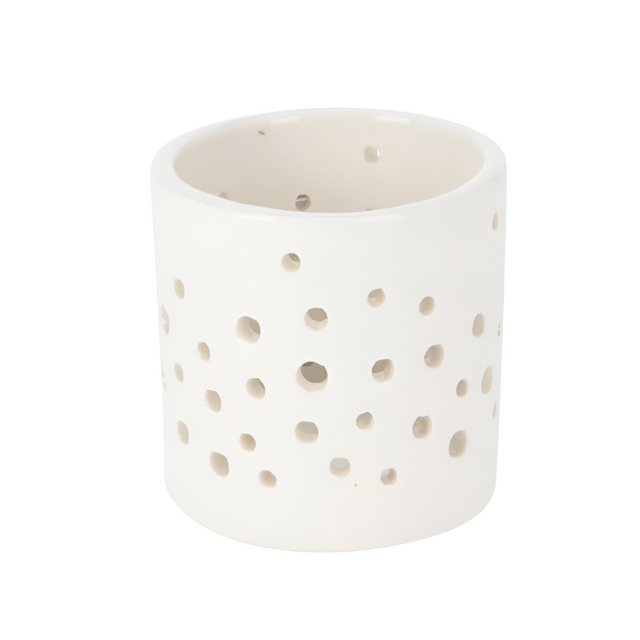 Tealight holder with cut outs, 6x6x6cm, White Dots